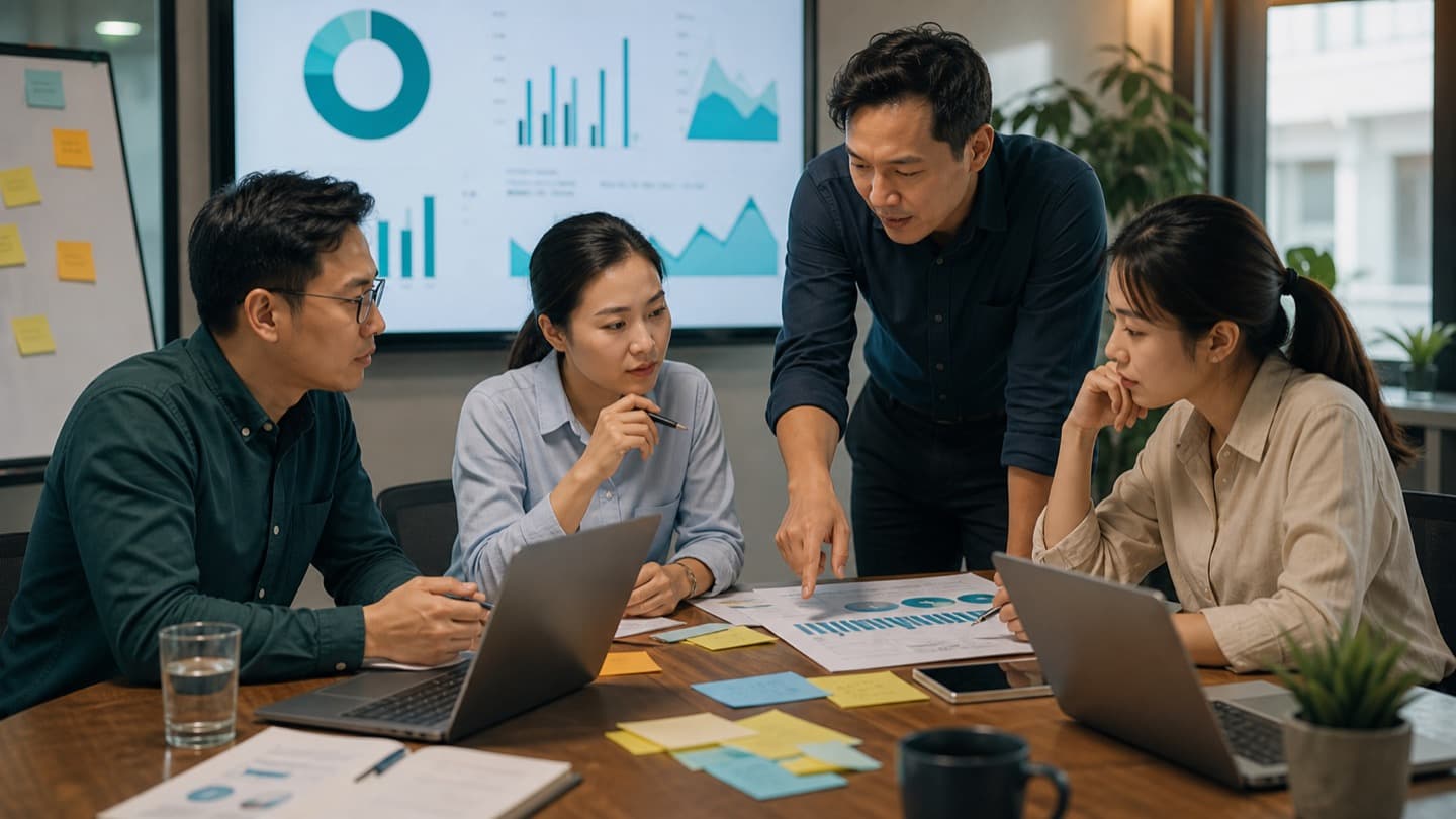 Vietnamese B2B sales professionals analyzing data and planning sales with AI