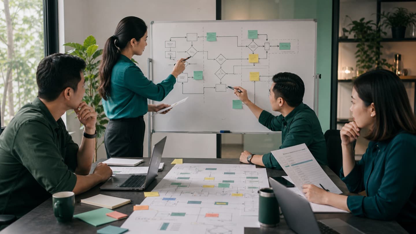 Vietnamese operations professionals mapping workflows and designing AI-enabled automation